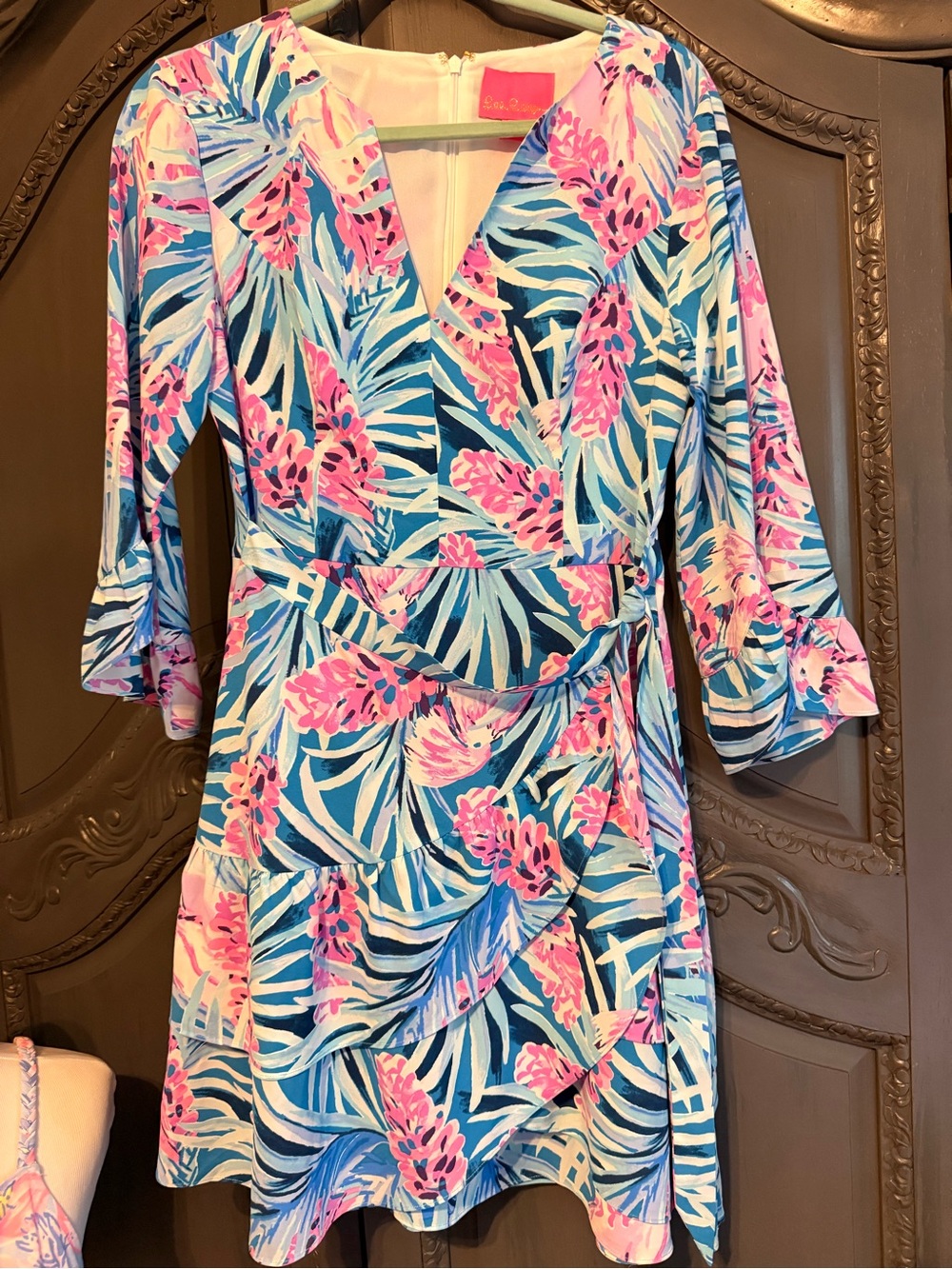 NWT Lilly Floral Wrap-Style V-Neck Dress in Pink & Blue